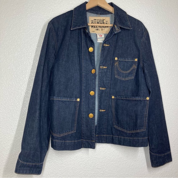 True Religion Denim Jacket Womens Large Button Up Collared Trucker Dark Wash - Picture 3 of 16